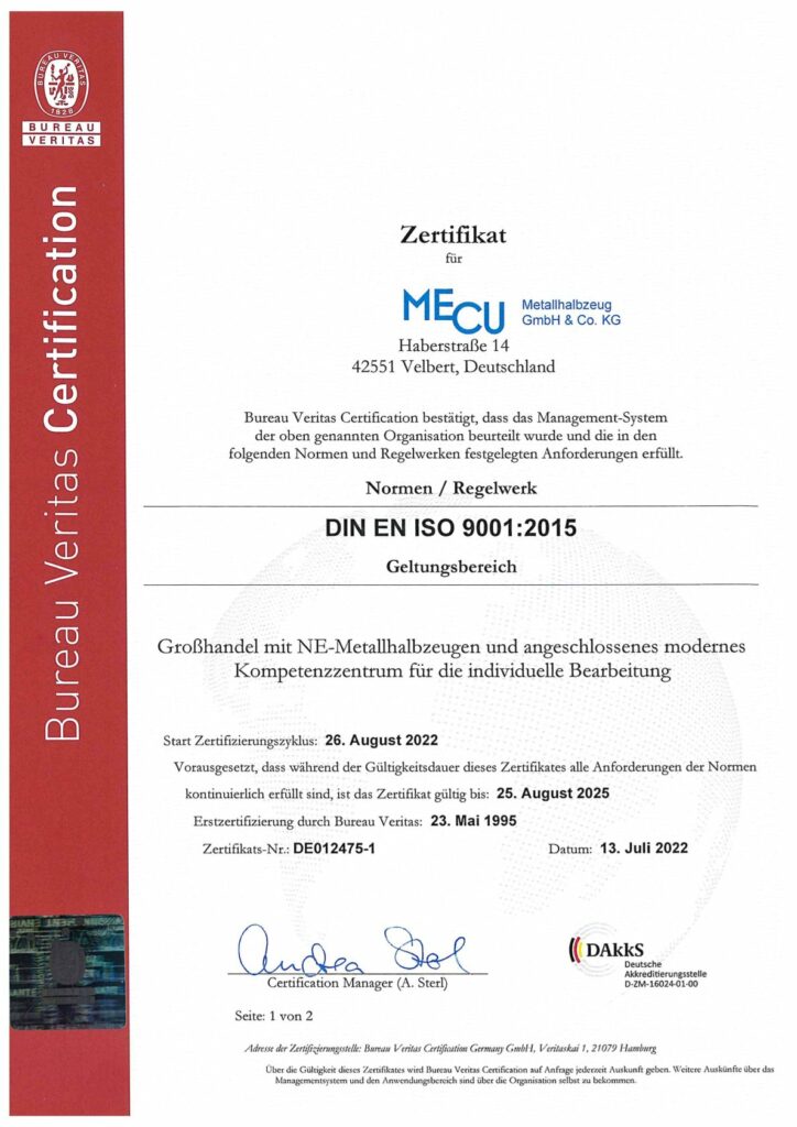 Die erste Seite des DIN ISO 9001-Zerfikats von MECU